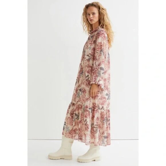 H&M Floral Chiffon Boho Midi Dress Women’s Long Sleeve Tiered Flow | Size XS - Picture 6 of 6
